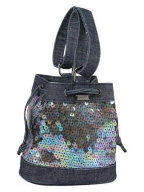 CHANEL Sequin Hand Bag Denim Blue CC Auth 139014SAV